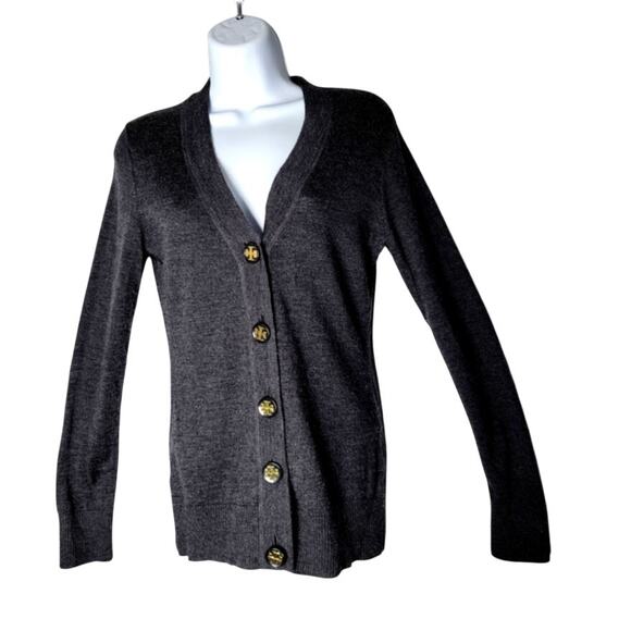 Tory Burch XS Gray Merino Wool Cardigan Logo Button Sweater Classic Luxury - Picture 1 of 9